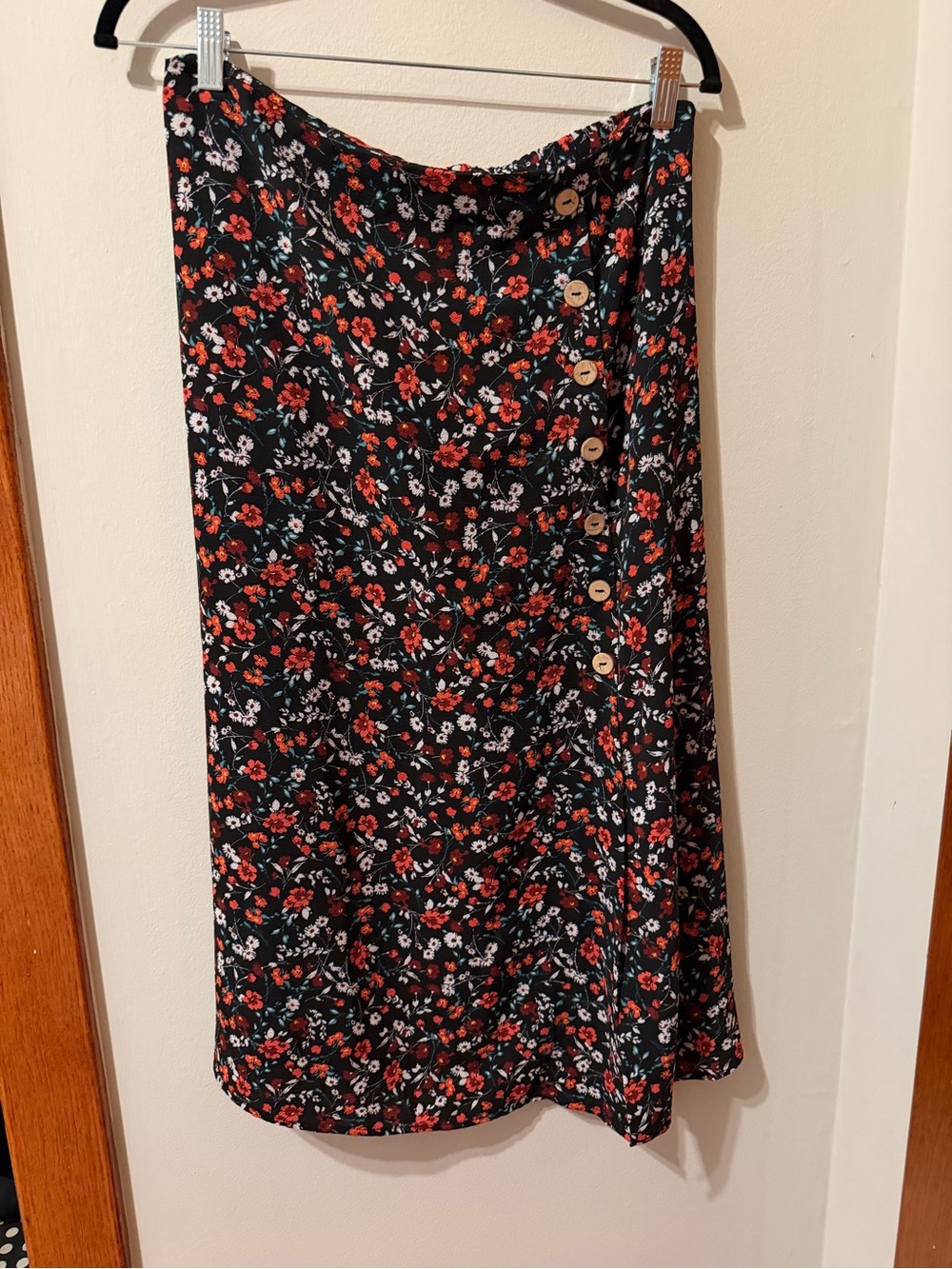 Good Luck Gem Black Midi Skirt with Red & White Floral Print